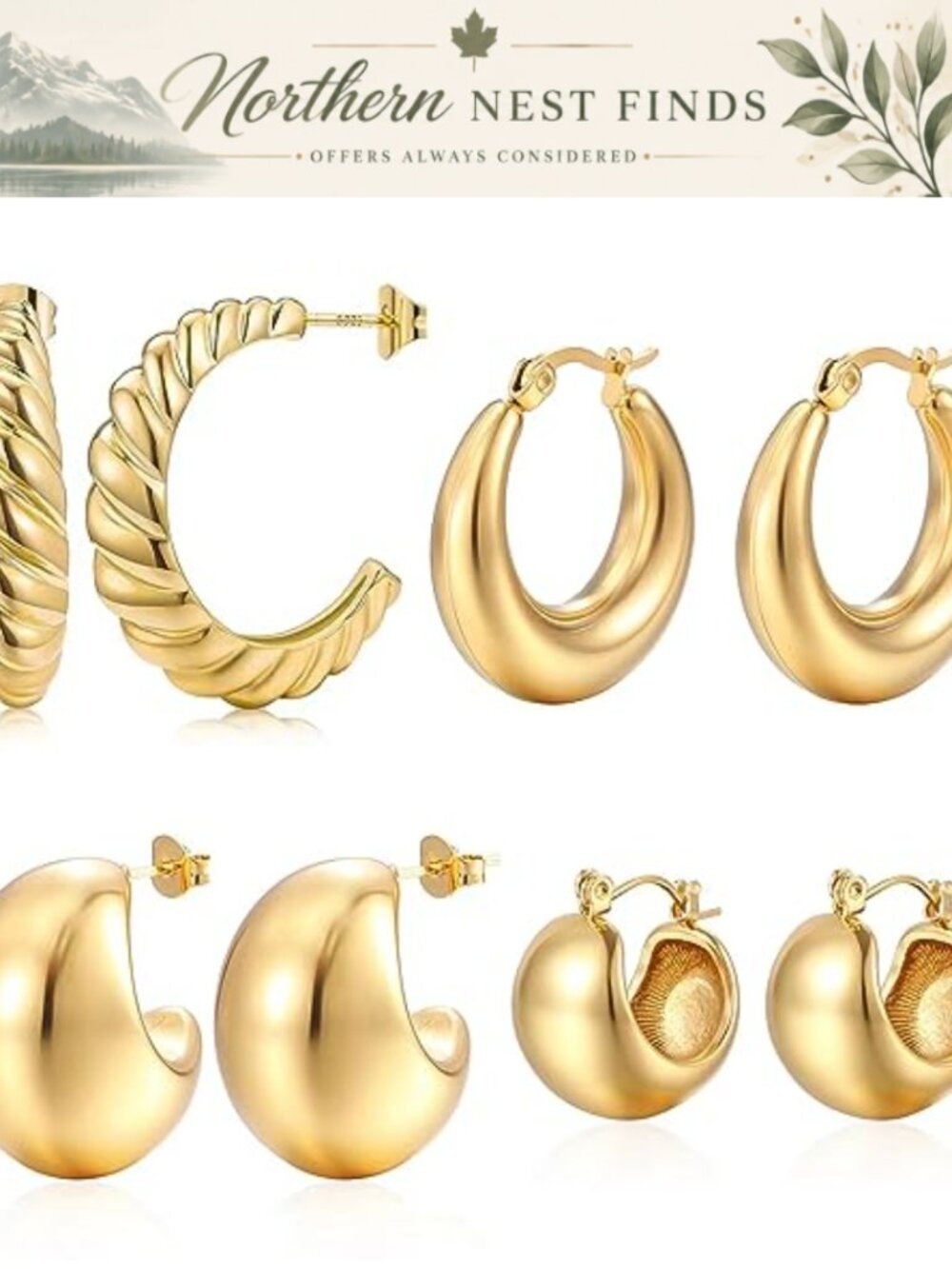 4 Pairs 18K White Gold Plated Hoop Dangle Earrings Set 925 Sterling Silver